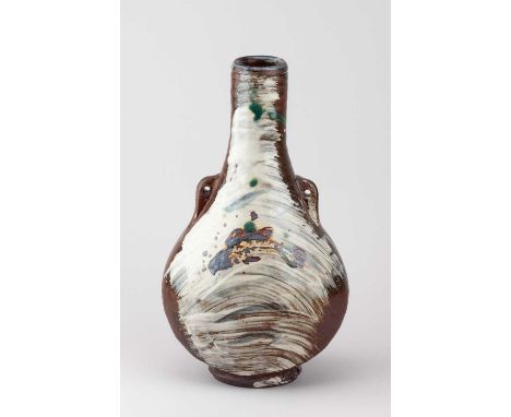 JIM MALONE (born 1946); a stoneware bottle with lug handles partially covered in brushed slip with iron fish decoration and c