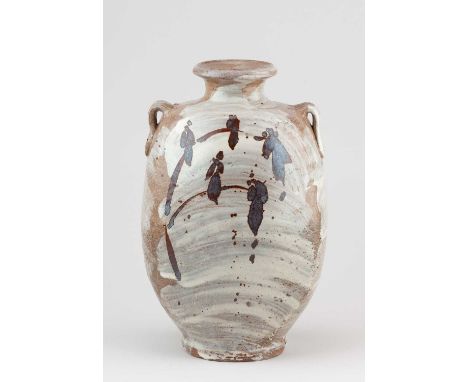 JIM MALONE (born 1946); a stoneware bottle with lug handles partially covered in brushed slip with iron decoration, impressed