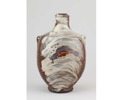 JIM MALONE (born 1946); a stoneware bottle with lug handles partially covered in brushed slip with iron fish decoration and c