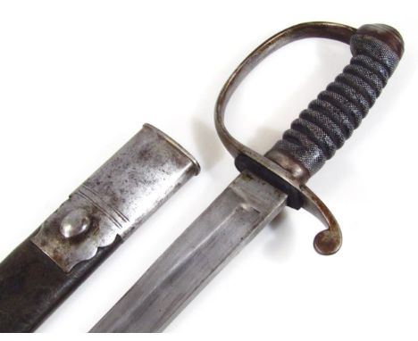 A police cutlet, with curved steel blade, steel guard and fish skin grip, with steel and leather scabbard, 78cm wide.