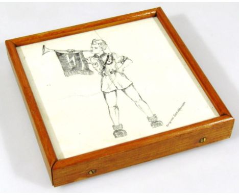A Third Reich ceramic tile, entitled Deutsches Jungvolk Fanfaren Blasen, rune pennant, signed original Eddie Hansen, 15cm x 1