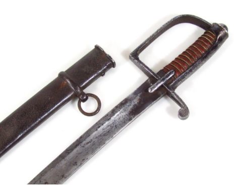 An early 19thC German heavy cavalry sabre, with scabbard, with a plain curved blade, 82cm wide, with turned metal grip, D-end