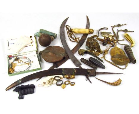 A collection of sword, scabbard and hilt parts, including 18thC and later, comprising grips, basket weave hilts, etc. (conten