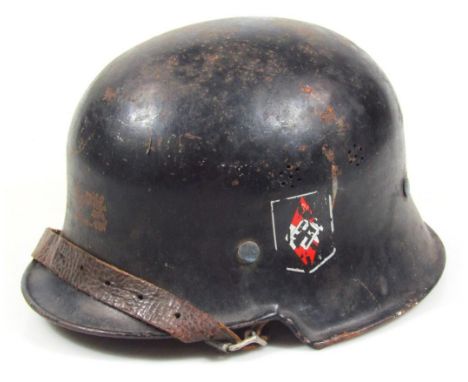 A Third Reich Hitler Youth M 1934 pattern civic model helmet, with leather linen and chain strap, in painted black with Hitle