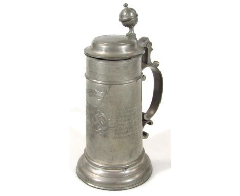 A Weimar Republic/Third Reich pewter stein, with Hitler Youth flag flying above a sun with central canted swastika, with Edel