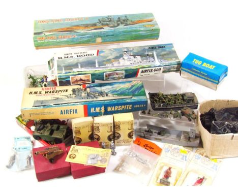 Various die-cast related figures, soldiers, vehicles, etc, to include Collector Series tug boat, tin plate, 12cm wide, HMS Ki