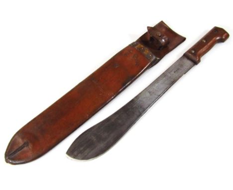 A British Army machete, c.1945 by Tramon Tina Brazil, in leather scabbard with crows foot, no. 7 with shaped wooden handle, p