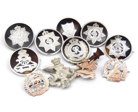 A selection of military pin badges, in silver, tortoiseshell, etc., all having regimental shields including Royal Engineers, 