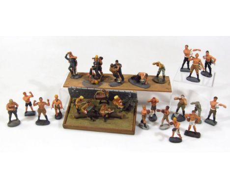 A collection of Elastolin and other composite figures, combining a guitar and accordion band, a selection of boxing gym figur