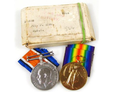 A WWI medal duo, comprising Campaign and Victory medals, each similarly marked 121668 PTE F KING MG (MACHINE GUN CORPS) with 