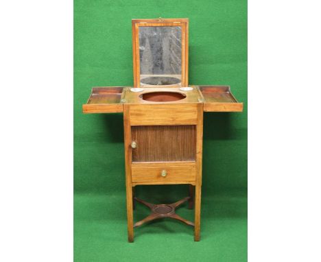 Inlaid mahogany night/wash stand having hinged top opening to reveal lift up mirror and basin, cup and dish holder over a sli