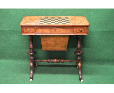 Victorian walnut games/work table having rectangular top with rounded corners and chess board playing area over a pull out se