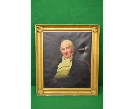 Unsigned oil on canvas portrait of a rotund gentleman having white hair and seated in a chair - 25.25" x 29.5" in unglazed gi