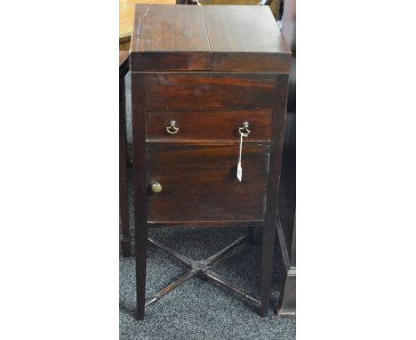 Georgian mahogany night stand the top opening to reveal spaces for wash basin and pots over a single drawer and cupboard door