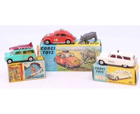 Corgi: A collection of three boxed Corgi Toys vehicles to comprise: Ford Zephyr Motorway Patrol, 419; BMC Mini Countryman wit