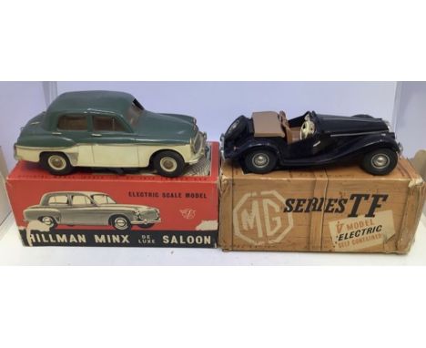 Victory Industries battery operated 1:18 scale Hillman Minx saloon and MG TF , both in fair condition in original boxes. Some