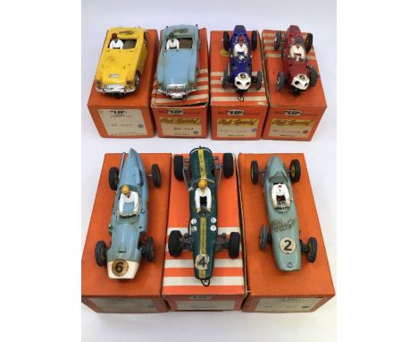 VIP Raceways: A collection of seven boxed VIP Raceways vehicles to comprise: Healey, R65, yellow body with light blue colour 