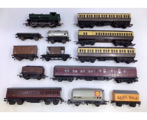 Railway: 00 Gauge railway to include Hornby three rail 0-6-2 LMS engine, two rail engine, various rolling stock and accessori