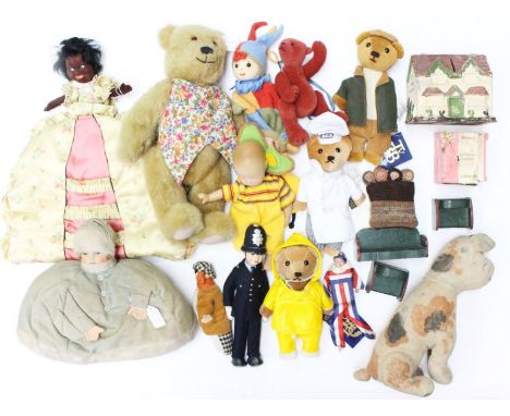 Toys: A collection of assorted toys to include Deans Rag Book dog, Chad Valley telephone cover and tea cosy, hot coffee pot h