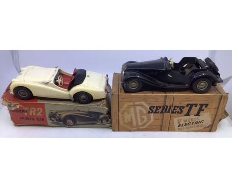 Victory Industries battery operated 1:18 scale MG TF and Triumph TR2. Both in need of attention, incomplete and in damaged bo