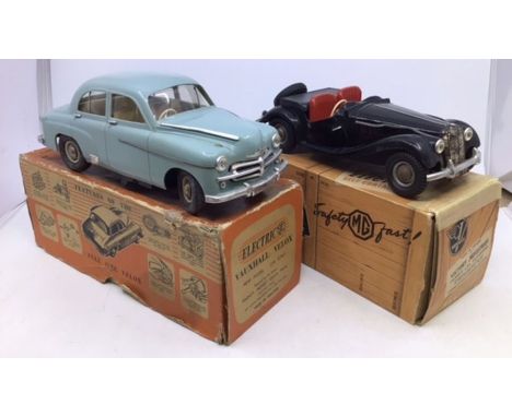 Victory Industries 1:18 scale battery operated MG TF and Vauxhall Velox, both boxed. Needing attention. Please study pictures