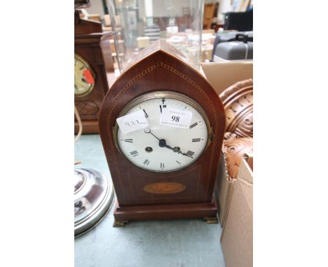 Edwardian mantel clock with shell inlay, enamel face with brass, Roman Numerals