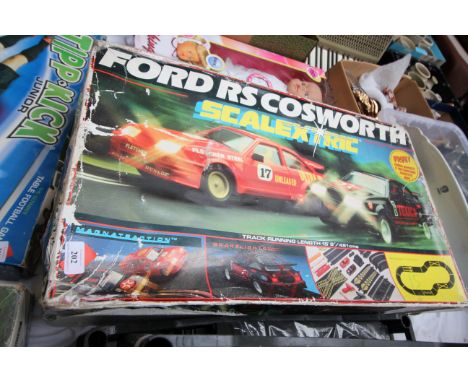 Vintage boxed Scalextric set track with two Ford Cosworth cars