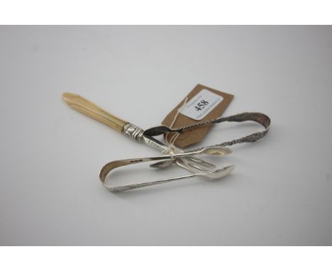 2 pairs of sugar nips (Chester 1902 and London 1910) together with pickle fork (Sheffield 1871)