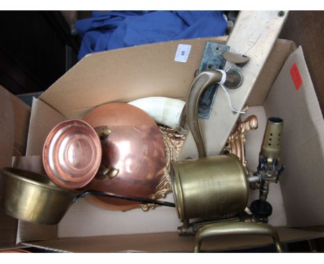 Good selection of brass and copper items, including blow lamp, large door plate and latch, brass saucepan, horn item and copp