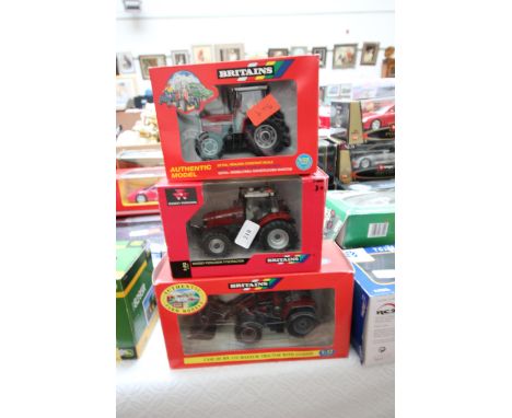 3 boxed Britians Tractors, Massey Ferguson (x2), CASE Tractor 