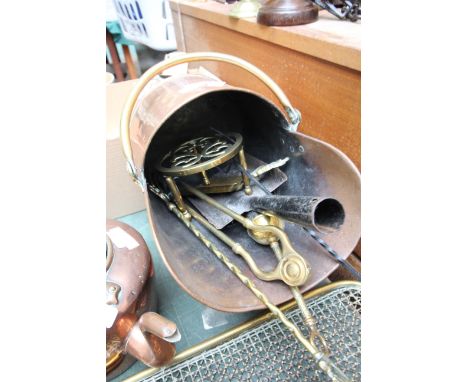 Cooper coal scuttle with fireside implements, toasting fork and metal fireguard