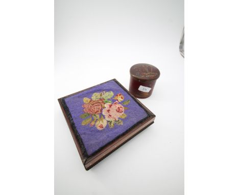 Mahogany stand with decorated fabric top, also to include Chinese single tea caddy in metal and enamel