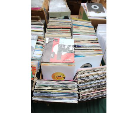 Large box of 1980's 45 rpm records, iconic artists covering K-M including Kool and the Gang, Level 42, Lulu, Madness and larg