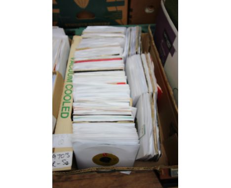 Box of 1970's 45 rpm records, collated artists from R to S to include some iconic names in rock and pop music, Cliff Richard,