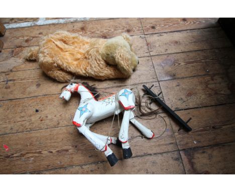Large continental horse puppet on strings together with a Merrythought of Ironbridge pyjama case from the vintage era
