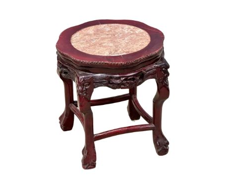 A Burmese style marble top plant stand/lamp table. 42x42x45cm (3)