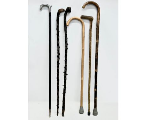 6 vintage walking sticks.