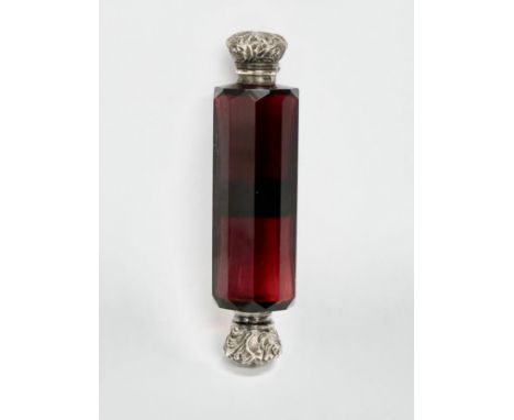 A 19th Century Victorian silver mounted ruby glass scent bottle. 10.5cm