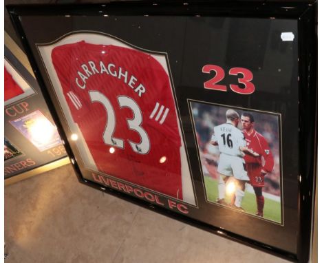 Liverpool FC No.23 Signed Football Shirt signed 'To Mark Best Wishes Jamie Carragher' framed with photographWith Soccer Speak