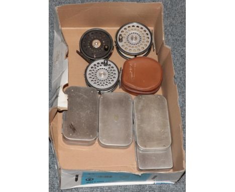 Fly Fishing Tackle, comprising two spilt cane rods by Foster Bros 'The Perfect' and 'The Edminson',  four fly tins with salmo