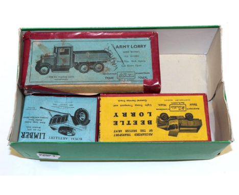 Britains Army Lorry with driver, tipping back, dark green (G-F box F, taped around lid) 1877 Beetle lorry (G box G-E) and 172