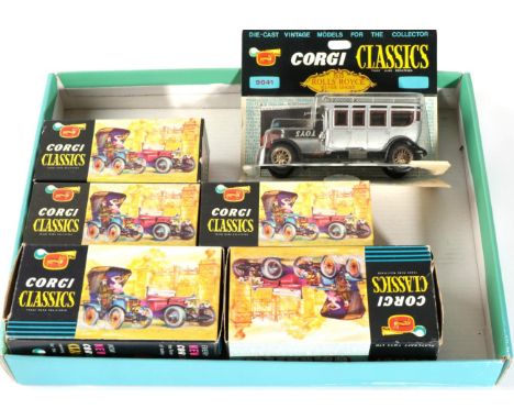 Corgi Classics 901 Ford, 900 Bentley, 9021 Daimler, 9032 Renault Primrose, 9013 Ford and 9041 Rolls Royce (all E-G boxes G-E)
