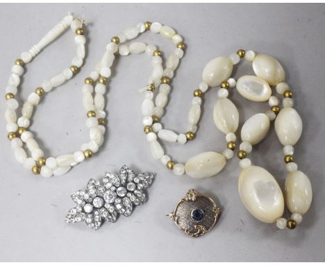 A mid 20th century white metal double clip brooch set with colourless stones, possibly zircons?, a 9ct gold and sterling silv