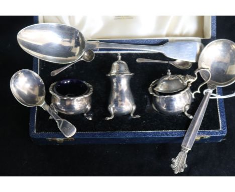 A 1960's Georg Jensen silver Acanthus pattern spoon, a cased silver condiment set, a George IV silver caddy spoon and a Victo