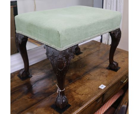 A George III and later mahogany upholstered dressing stool, W.62cm