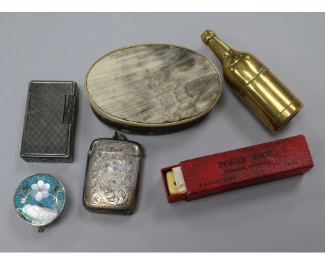 A collection of curios including novelty brass inkwell, Dupong lighter, snuff box, etc.