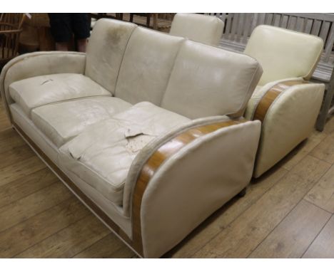 A three piece leather Art Deco suite, Sofa W.183cm