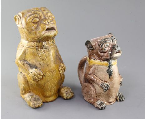 Two Continental pottery jugs, modelled as seated pugs, late 19th century, the first with a majolica type glaze, 19cm, the sec