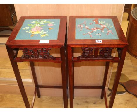 A pair of Chinese hardwood and cloisonne enamel stands H.92cm