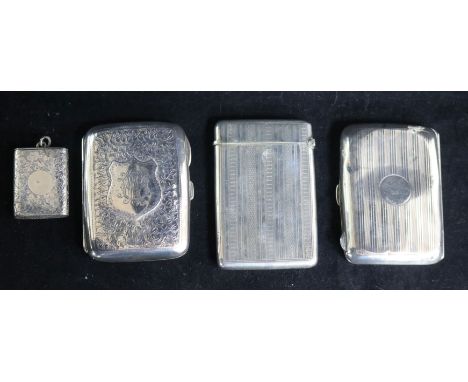 An Edwardian silver card case, two silver cigarette cases and a silver vesta case.